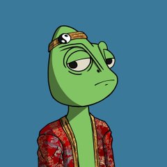 Digital illustration of a green Pepe-style frog wearing a gold chain headband and a red Hawaiian-style patterned shirt against a blue background.