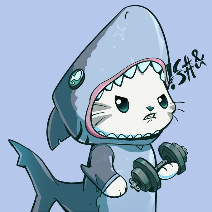 A cartoonish "Hypurr" cat wearing a shark hoodie holds a dumbbell, humorously illustrating an NFT sale.