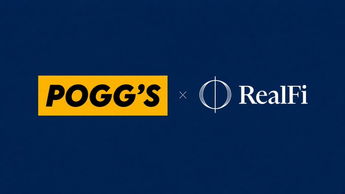 A promotional graphic on a dark blue background featuring the logos 'POGG'S' (in yellow) and 'RealFi' (in white) separated by an 'x'.
