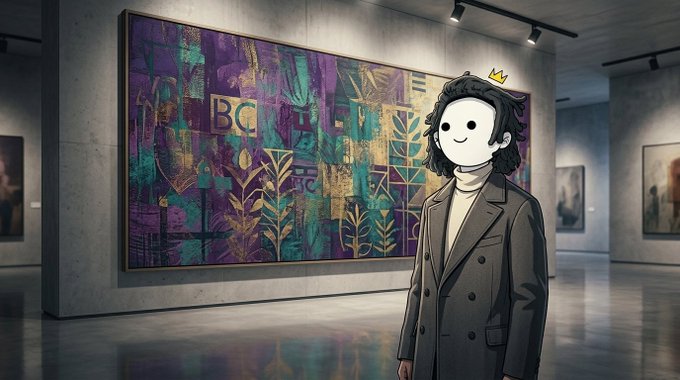 An illustration of a stylized figure with a simple smiling face mask wearing a crown and trench coat, standing in an art gallery next to a large abstract painting.