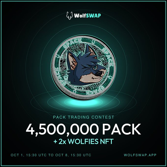 A promotional graphic for 'WolfSWAP' displays a wolf emblem coin and announces a 'PACK TRADING CONTEST' prize of '4,500,000 PACK + 2x WOLFIES NFT', running from 'OCT 1, 15:30 UTC TO OCT 8, 15:30 UTC'.