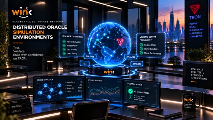 A digital promotional graphic advertises 'WINK - Decentralized Oracle Network' on TRON, highlighting 'Distributed Oracle Simulation Environments' with a globe illustration and multiple monitor screens showing data analytics.