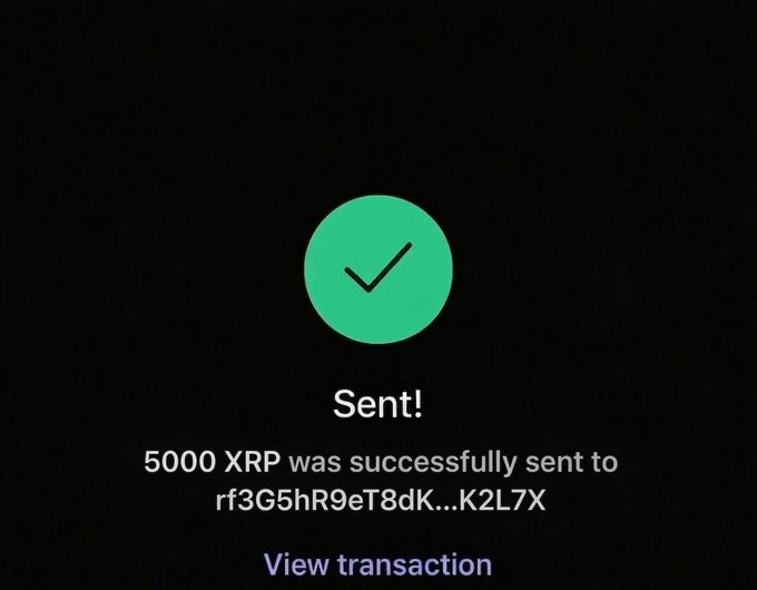 A confirmation screen showing "Sent!" with a green checkmark, stating "5000 XRP was successfully sent to rf3G5hR9eT8dK…K2L7X," with a "View transaction" link. The image appears to be shared as "proof" in a giveaway scam, where users are asked to reply, like, and retweet a post promising $5000 in XRP to 5 random people.