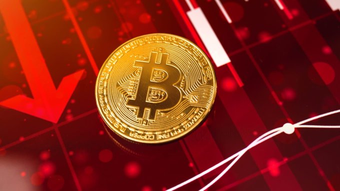 The image features a coin of value $BTC falling towards the ground from an upwards sloping line. It also contains the word "bitcoin". The surrounding red background represents a declining market or a downward trend related to bitcoin values, as indicated by the caption provided.