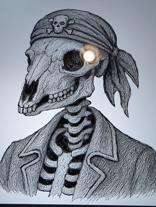 A pencil sketch of a skeletal pirate with a glowing eye, wearing a skull-emblazoned bandana and a coat.