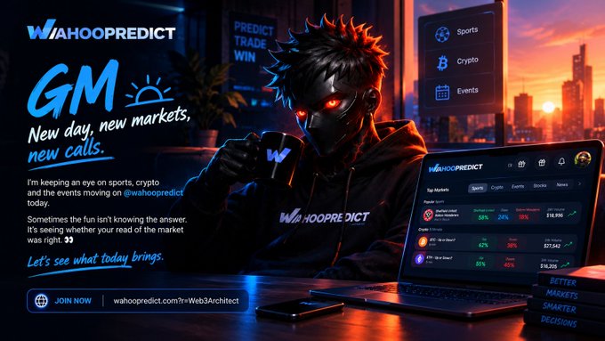 A promotional graphic for 'WAHOOPREDICT' features a masked anime-style figure with glowing red eyes holding a cup, alongside text reading 'GM New day, new markets, new calls' and a dashboard displaying sports, crypto, and events data.