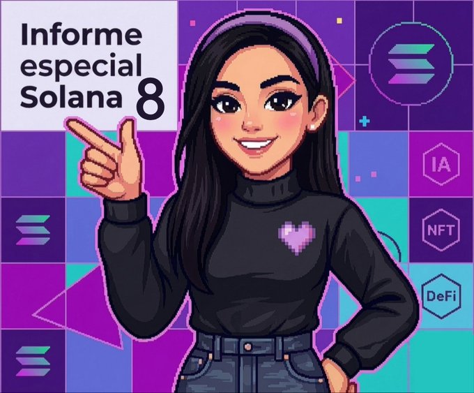 An illustrated character with a pixel heart on her black turtleneck points to text reading 'Informe especial Solana 8' against a purple geometric background with IA, NFT, and DeFi badges.