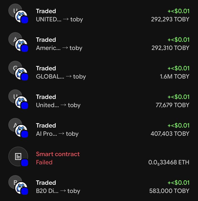 A cryptocurrency transaction history interface showing multiple successful trades of various tokens (UNITED, American, GLOBAL, AI Pro, B20) → toby with small positive returns, alongside one failed smart contract transaction of 0.033468 ETH.
