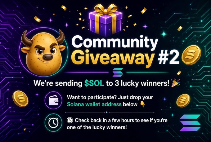 A 'Community Giveaway #2' graphic for Solana ($SOL) cryptocurrency, asking participants to drop their wallet addresses for a chance to win.