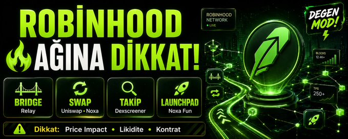 A vibrant graphic in Turkish urging "ROBİNHOOD AĞINA DİKKAT!" (Attention to the Robinhood Network) alongside logos for Robinhood Network Live, featuring tool icons for Bridge (Relay), Swap (Uniswap + Noxa), Takip (Dexscreener), and Launchpad (Noxa Fun), with warnings about price impact, liquidity, and contracts, complementing the post's announcement of the Robinhood mainnet launch and tutorial video for trading meme coins and NFTs.