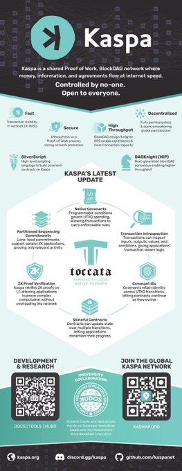 Promotional infographic for "Kaspa," described as a shared Proof of Work, BlockDAG network where money, information, and agreements flow at internet speed, detailing features like "Fast," "Secure," "High Throughput," and a "SilverScript" and "DAWaveLight (XPP)" update.