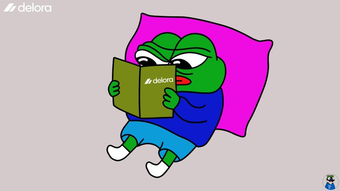 A cartoon green frog character wearing blue pajamas lying on a pink pillow and reading a green book labeled 'delora', with a 'delora' logo in the corner.