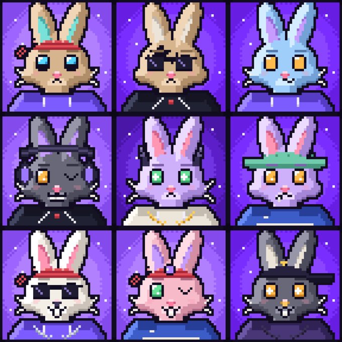 A 3x3 grid of pixel art bunny NFTs from the Ink Bunnies collection, each with distinct color schemes and accessories, displayed on a purple background. The image previews the upcoming free mint on OpenSea, showcasing the variety of characters available in the collection.