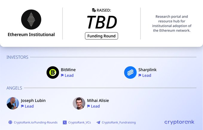 The image displays a CryptoRank funding round card for Ethereum Institutional, described as a "Research portal and resource hub for institutional adoption of the Ethereum network," with BitMine and Sharplink listed as lead investors, alongside angel investors Joseph Lubin and Mihai Alisie. This visually summarizes the funding round details referenced in the post, confirming the project's focus and key backers.