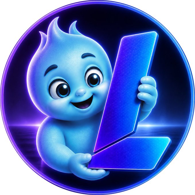 A circular logo featuring a blue cartoon character holding a glowing blue 3D letter 'L' against a purple and black background.