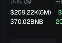 A dark-themed cryptocurrency portfolio screen displays a balance of $259.22K (5M) and holdings of 370.02 BNB, with partial green ticker values visible on the right. The image relates to the poster's frustrated reflection on failed bull market trades, highlighting their modest crypto portfolio gains despite the market downturn.
