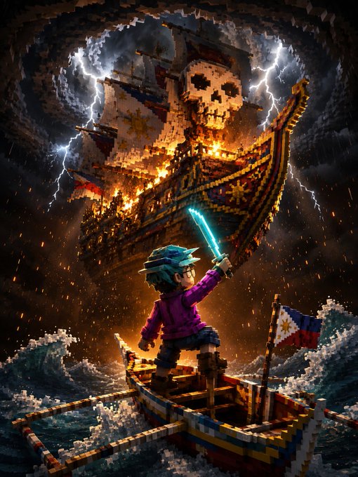 A digital artwork depicts a child with a glowing blue sword standing on a small boat with a Philippine flag, facing a massive burning pirate ship with a skull sail amid stormy seas and lightning.