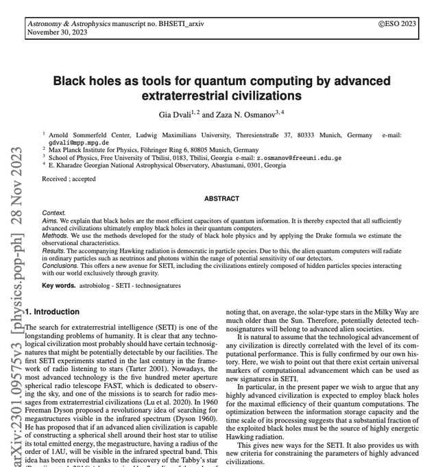 First page of an academic paper titled 'Black holes as tools for quantum computing by advanced extraterrestrial civilizations' by Gia Dvali and Zaza N. Osmanov, published on arXiv (2301.09575v3) on November 28, 2023.