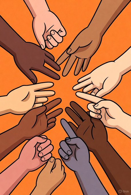 The image shows a circle of diverse hands in various skin tones coming together from all directions against an orange background, symbolizing unity and teamwork. This visual reinforces the post's message about building a collaborative community that sends and profits together, while the post promotes the @viralretweet_X account with a cautionary note against blindly following meme coin scams.