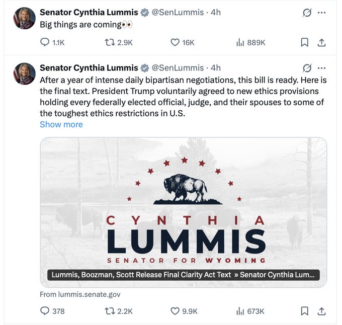 A screenshot of tweets from Senator Cynthia Lummis (@SenLummis) announcing 'Big things are coming' and discussing the Clarity Act bill with bipartisan ethics provisions, featuring her campaign logo with a bison.