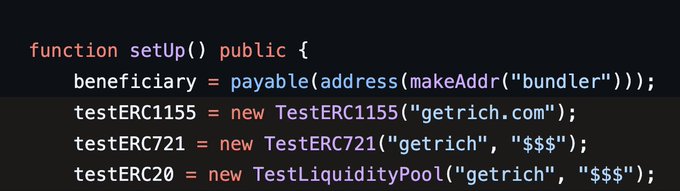 A code snippet showing a function setup() with lines initializing testERC1155, testERC721, and testERC20 contracts with parameters 'getrich.com' and 'getrich'.