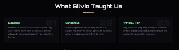 An infographic titled 'What Silvio Taught Us' highlighting three principles: 'Elegance' in mathematical beauty, 'Consensus' through Byzantine Agreement, and 'Provably Fair' transactions.