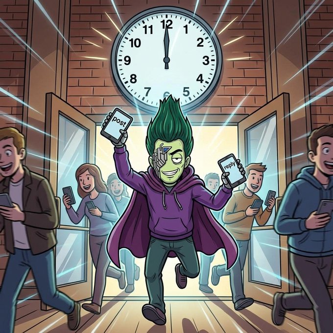 A cartoon illustration of a green-haired character in a purple cape bursting through doors holding two smartphones, surrounded by excited people on phones, with a large clock showing midnight behind them.