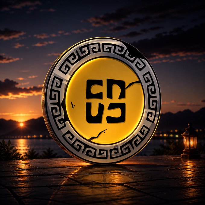 A glowing golden coin with ancient Greek-style symbols resting on a stone surface against a sunset seascape, with a small lantern illuminating the scene from the right.