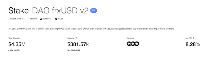 The image showcases a screenshot of a webpage, where the focus is on a payment system known as Stake DAO frxUSD or more specifically, $4.35M is deposited into a curated vault on @Morpho. The post suggests that rewards are about to be renewed due to the @fraxfinance and @MetronomeDAO users.