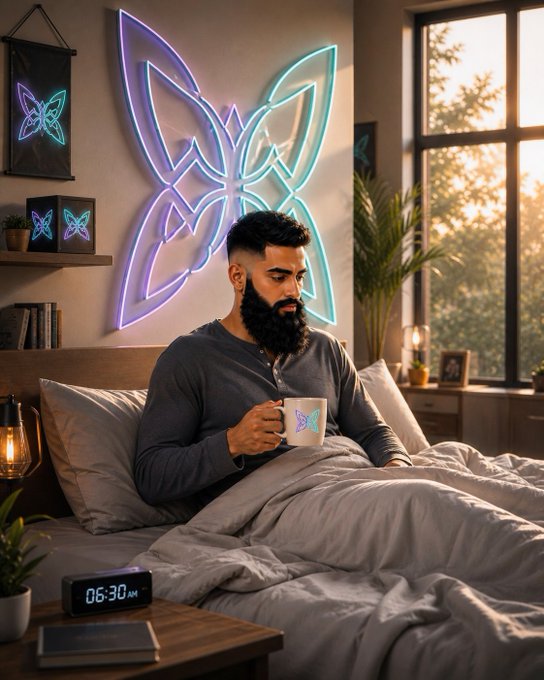An illustrated scene of a bearded man in a gray shirt sitting up in bed holding a mug, with a glowing blue butterfly neon sign on the wall behind him and a digital clock reading '06:30 AM'.