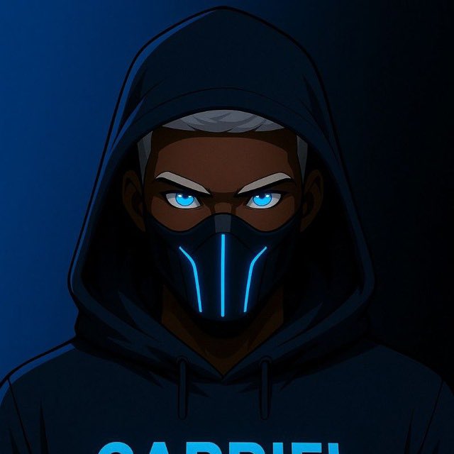 A digital illustration of a hooded figure with glowing blue eyes and a black mask with blue vertical light strips, with partial blue text "GABRIEL" visible at the bottom.