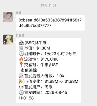 A WhatsApp-style group chat screenshot showing user "冬眠" sharing a contract address "0xbeea1d618e533a387d941f58a7d4c9b7bd377777" along with details for the BSC token "$牛市" (Niúshì/Bull Market), which has a market cap of $1.88M, liquidity of $170.04K, and launched on 2026-08-15—aligned with the poster's comments about discovering the token in the group with only $1.8M market cap and preparing for high-risk leveraged trading.