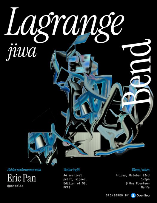 A black promotional poster for an event titled 'jiwa Lagrange Band' featuring a holographic, liquid-like 3D figure, with details for a holder performance by Eric Pan and a visitor's gift of an A4 archival print.