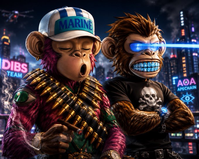 A vibrant digital artwork of two monkeys in a cyberpunk city; the left monkey wears a 'MARINE' cap and bandolier while holding a cigar, and the right monkey wears a skull shirt and glowing blue sunglasses, with neon signs reading 'DIBS TEAM' and 'AOA APECHAIN' in the background.