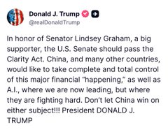 A screenshot of a Truth Social post from Donald Trump (@realDonaldTrump) urging the Senate to pass the "Clarity Act" to regulate crypto, stating the U.S. should "not let China win" in the financial sector, signed "PRESIDENT DONALD J. TRUMP."