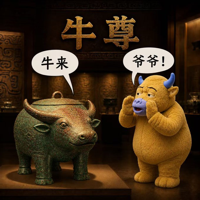 A humorous image showing a bronze Chinese ox statue saying '牛来' (bull comes) and a plush yellow bull character calling it '爷爷!' (grandpa!), set in a museum with Chinese calligraphy on the wall.