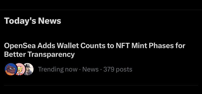 A dark-themed news feed displays 'Today's News' with a headline reading 'OpenSea Adds Wallet Counts to NFT Mint Phases for Better Transparency,' marked as trending with 379 posts.