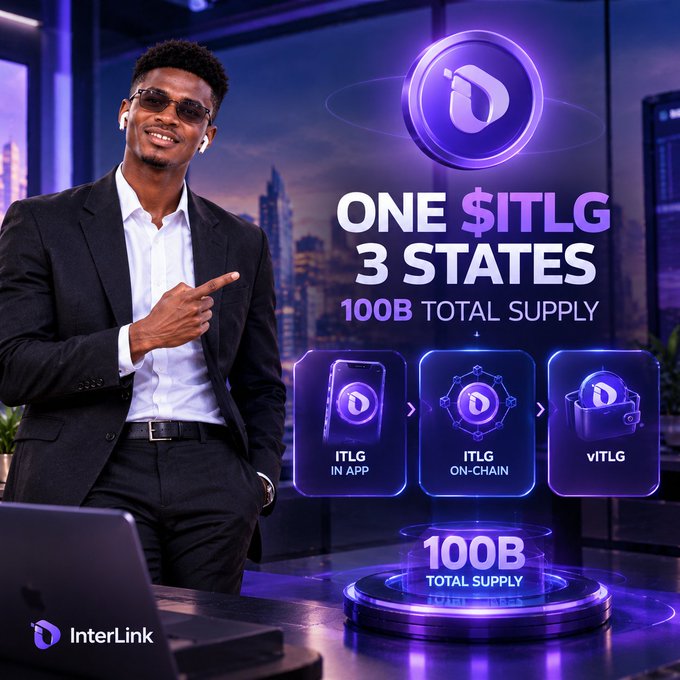 An advertisement for InterLink featuring a man pointing to text reading 'ONE $ITLG, 3 STATES, 100B TOTAL SUPPLY' with icons showing ITLG in app, on-chain, and vITLG, alongside the InterLink logo.