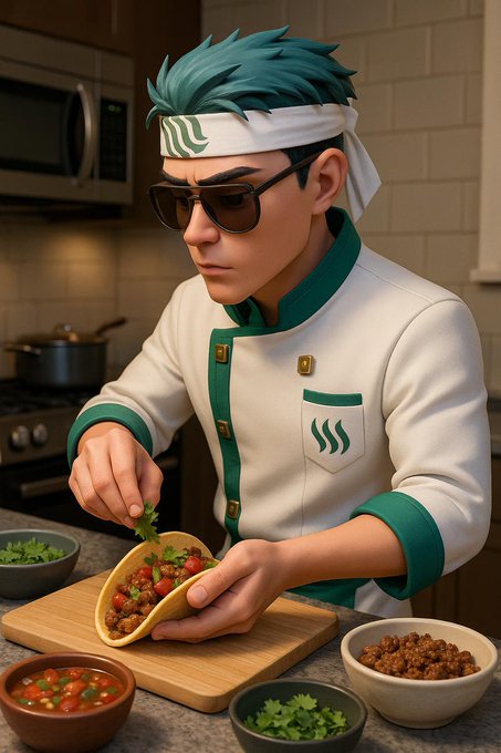 A 3D-rendered chef with teal hair, sunglasses, and a white headband concentrates on assembling a taco with seasoned meat, fresh tomatoes, and cilantro at a kitchen counter, surrounded by bowls of salsa, beans, and garnishes—perfectly matching the "Happy Taco Tuesday" greeting with his dedicated taco-making scene.