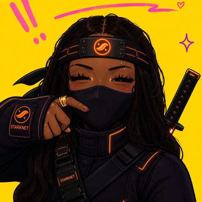 The image features a woman wearing a black outfit, including a face mask that covers her eyes. She has long hair and is holding a sword in one hand while pointing at something else in the background with her other hand. The caption of the image reads "So from today I am going to start building and researching more on @Starknet Opened to connect with all those already building there". This suggests that she might be discussing or sharing information about the post related to the character Starknet, which is a popular video game series featuring characters from the Star Wars franchise.