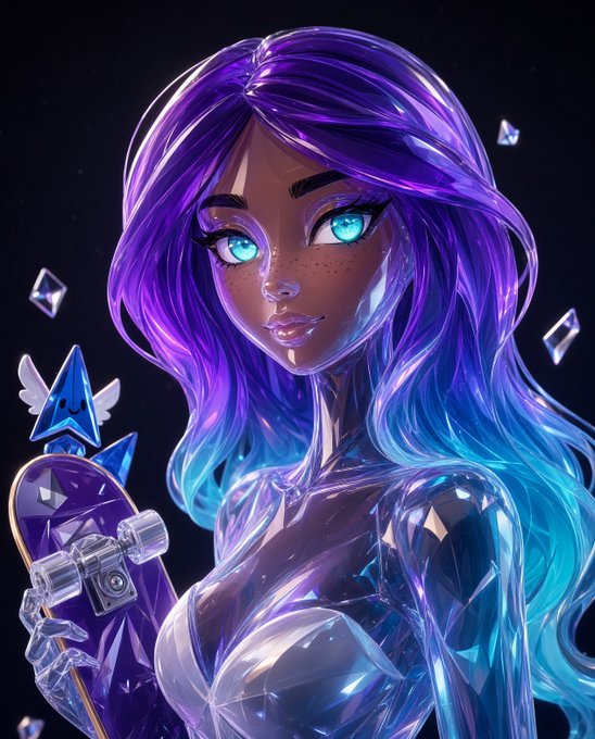 A digital illustration of a character with purple and blue gradient hair, glowing blue eyes, and a crystalline body, holding a purple skateboard while floating diamond shards and a small winged triangular creature surround her.