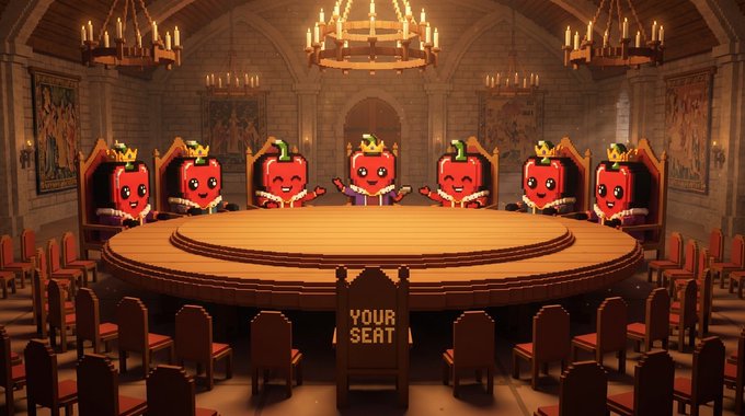 A surreal medieval-style banquet hall where anthropomorphic cartoon apples wearing crowns sit as council members around a large round table, with a chair labeled "YOUR SEAT" in the foreground.