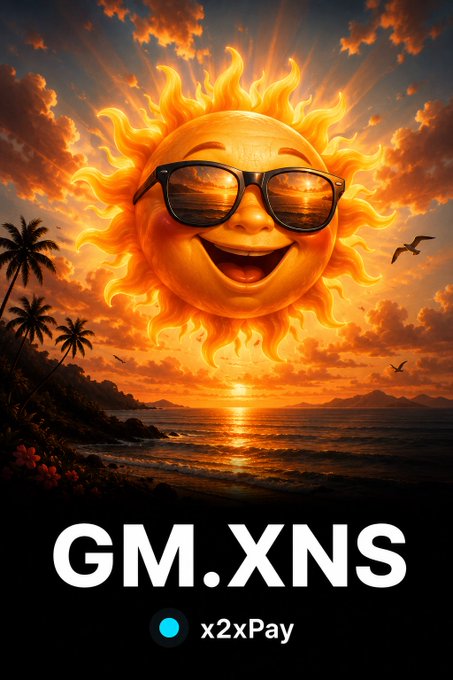 The image features a poster with an orange sun wearing sunglasses and surrounded by palm trees against a sunset background. The text on the poster reads "gm. xns" and "X2Pay". It seems that there might be some sort of advertisement or promotional material related to X2Pay, possibly for a service or product.