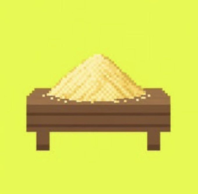 A pixel-art illustration of a wooden bowl filled with a mound of yellow garri (cassava flakes), set against a lime-green background. The image visually represents the "GARRI" referenced in the meme as a staple comfort food for "the trenches."