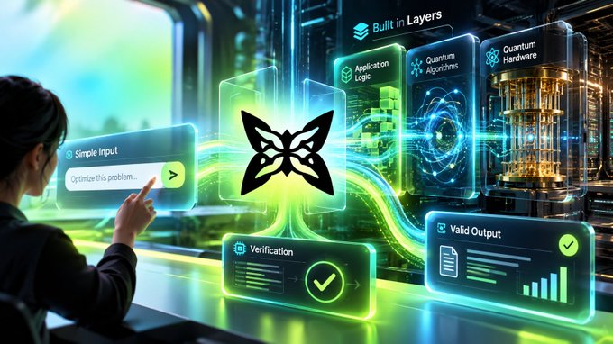 A futuristic digital interface displays a butterfly logo with layers including 'Application Logic', 'Quantum Algorithms', and 'Quantum Hardware', alongside panels for 'Simple Input', 'Verification', and 'Valid Output'.