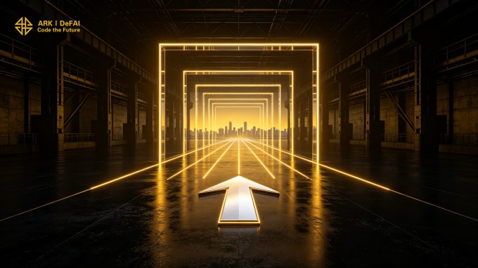 A glowing arrow points forward through a series of illuminated golden archways in a vast industrial space, symbolizing progress and forward momentum. The image features the "ARK | DeFAI — Code the Future" logo in the top-left corner, reinforcing the post's message about Arkie AI App driving a faster path from ideas to execution through AI Agents and the ARK ecosystem.