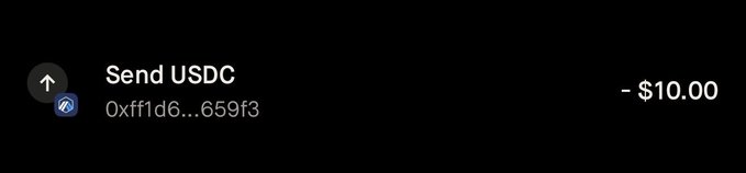 A dark-themed interface showing a "Send USDC" transaction for $10.00 to an address starting with "0xff1d6...659f3", with a blue arrow icon.