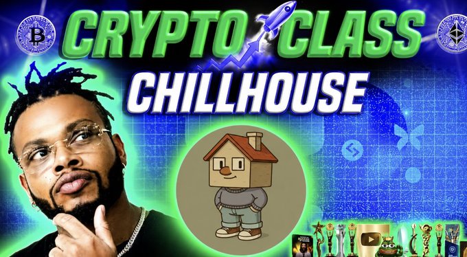 A YouTube thumbnail titled 'CRYPTO CLASS CHILLHOUSE' featuring a man with glasses and a beard on the left, alongside a cartoon character with a house for a head, with Bitcoin and Ethereum logos visible.
