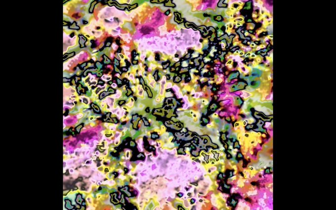 An abstract digital artwork featuring a chaotic blend of pink, yellow, green, and black swirling patterns with no clear subject.
