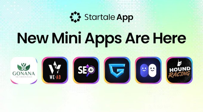 A promotional image for the Startale App featuring the text 'New Mini Apps Are Here' and displaying six app icons: Gonana, WeAD, SE(AI), a 'G' logo, a two-tone character icon, and Hound Racing.